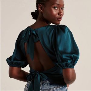 Abercombie & Fitch Emerald satin bow back back tie blouse